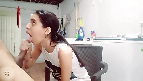 Latina babe in a sexy lingerie is sucking on her black cock