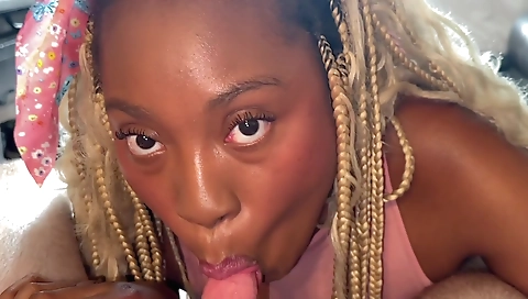 Amateur blonde and ebony girl sucking and riding a cock