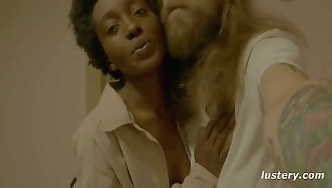 Ebony and brunet slut with nice boobs sucking a large cock