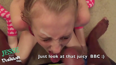 Blonde slut sucking dick and getting creampie on top