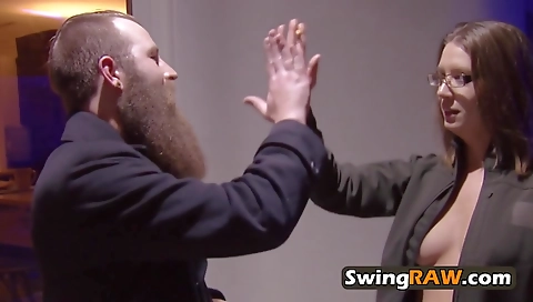 Hot amateur brunette couple group sex with her partner