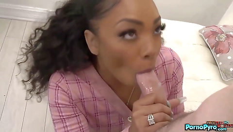 Ebony brunette gets her wet pussy filled up by a white cock