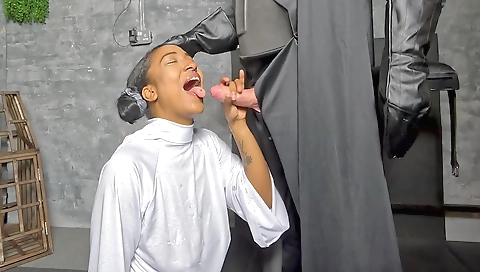 Hot brunette in a tight brown skirt fucked on the couch