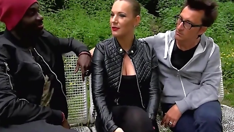 Ebony chick with a tattooed pussy fucked in a threesome