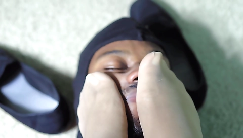 Curvy goddess works and ignores human foot stool as she rubs her feet