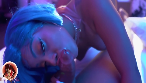 A tattooed ebony girl gets fucked in her mouth and ass