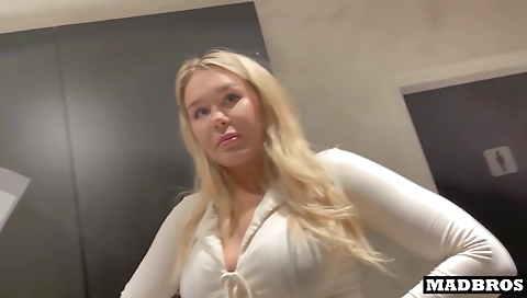 Blonde in stockings gets fucked by a dude in elevator