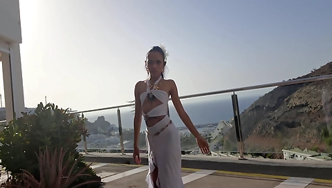 Asian teen rides cock like a sex toy in public place