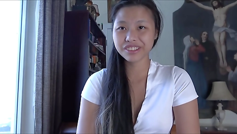 Asian brunette gets a facial after a hardcore cum shot