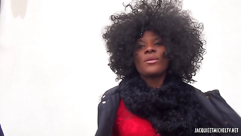 Ebony chick and her buddy in stockings go to the store