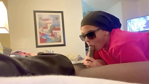 Amateur black girl with big tits sucks a huge cock