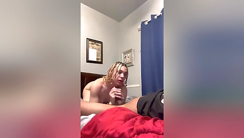 Blonde eats the big dick up and gives great blowjob