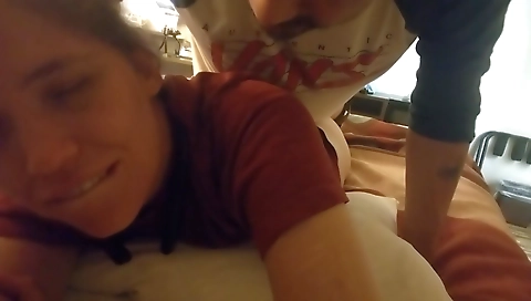 Man fucks a horny girl while licking her ass in interracial